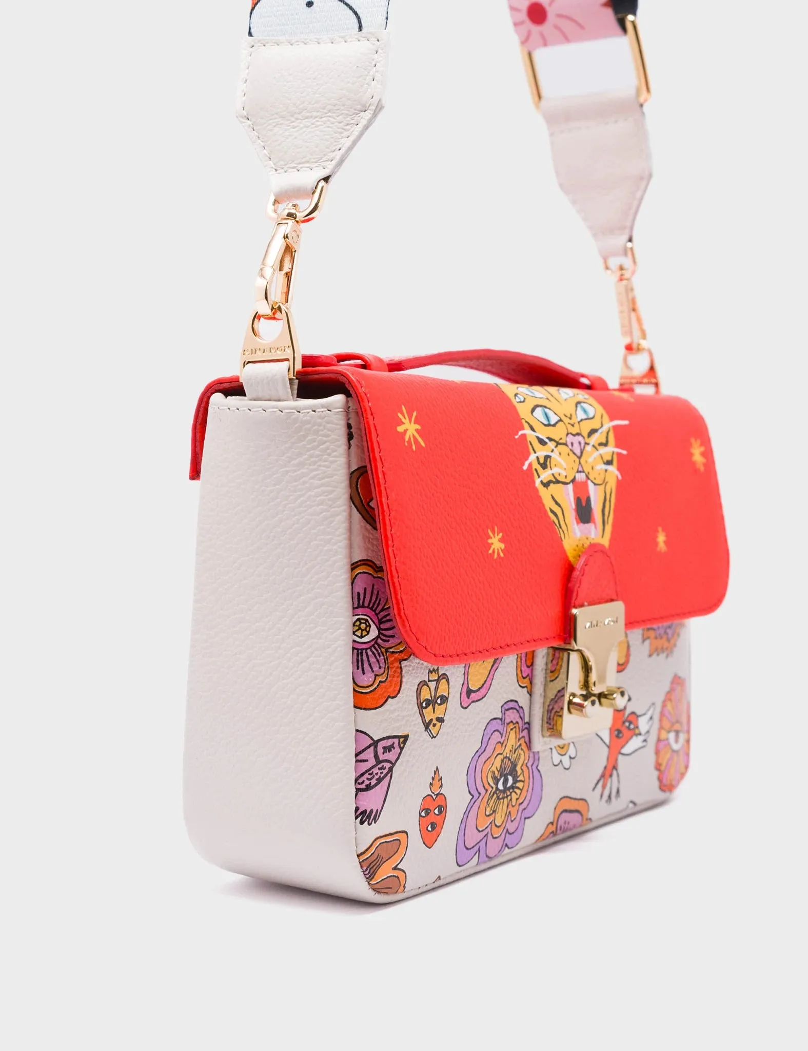 Amantis Cream and Fiesta Red Leather Crossbody Mini Handbag - Vintage Bloom Design