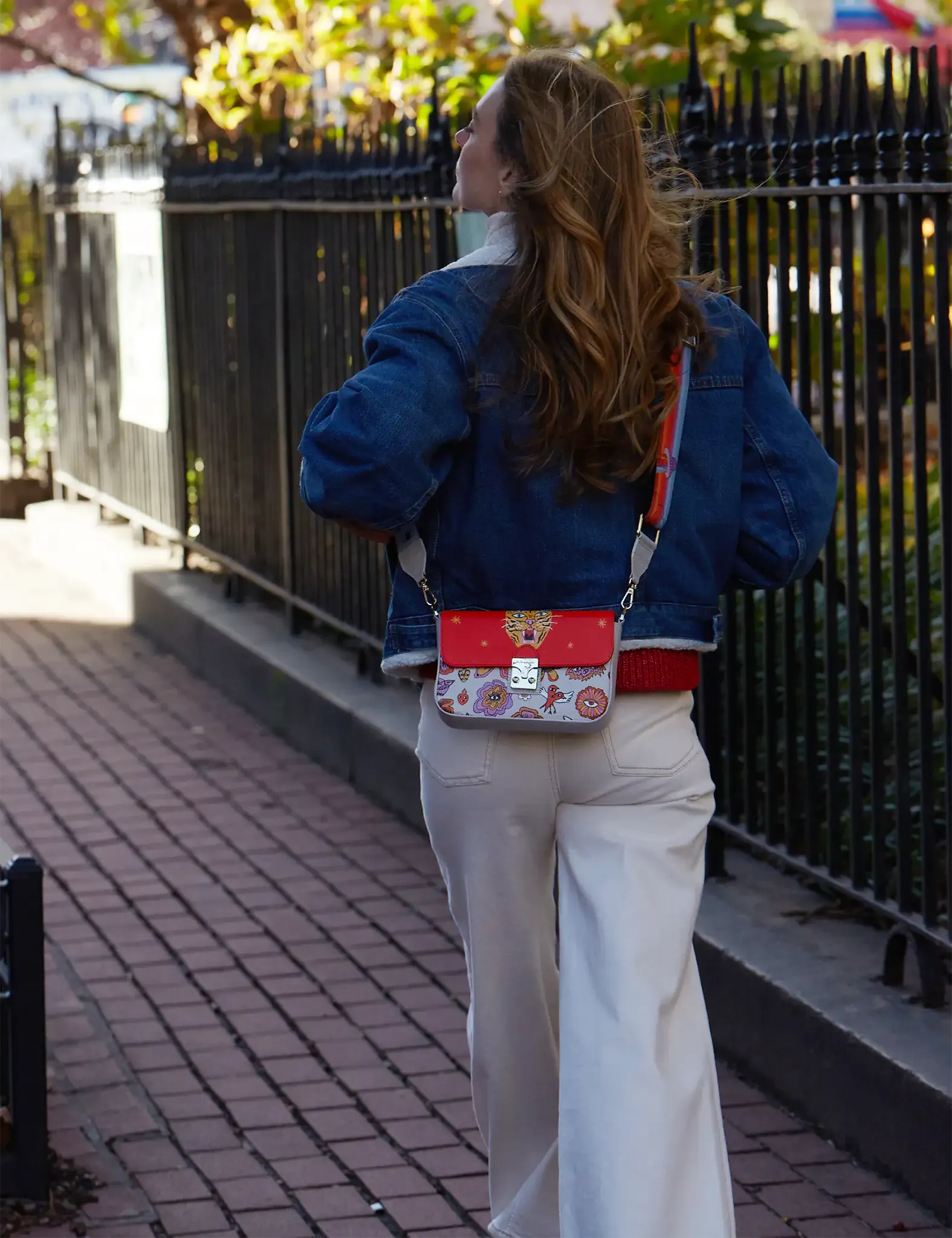 Amantis Cream and Fiesta Red Leather Crossbody Mini Handbag - Vintage Bloom Design