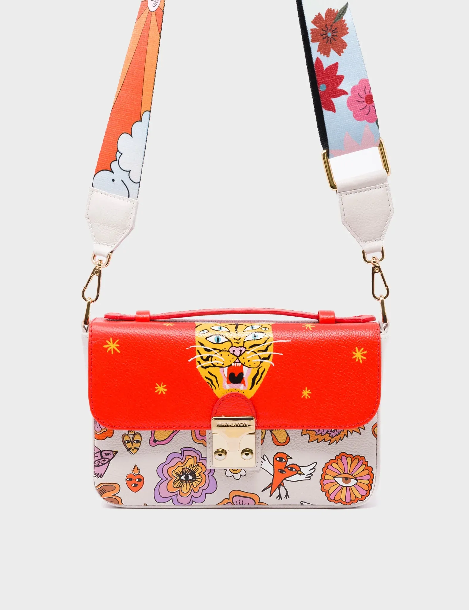 Amantis Cream and Fiesta Red Leather Crossbody Mini Handbag - Vintage Bloom Design