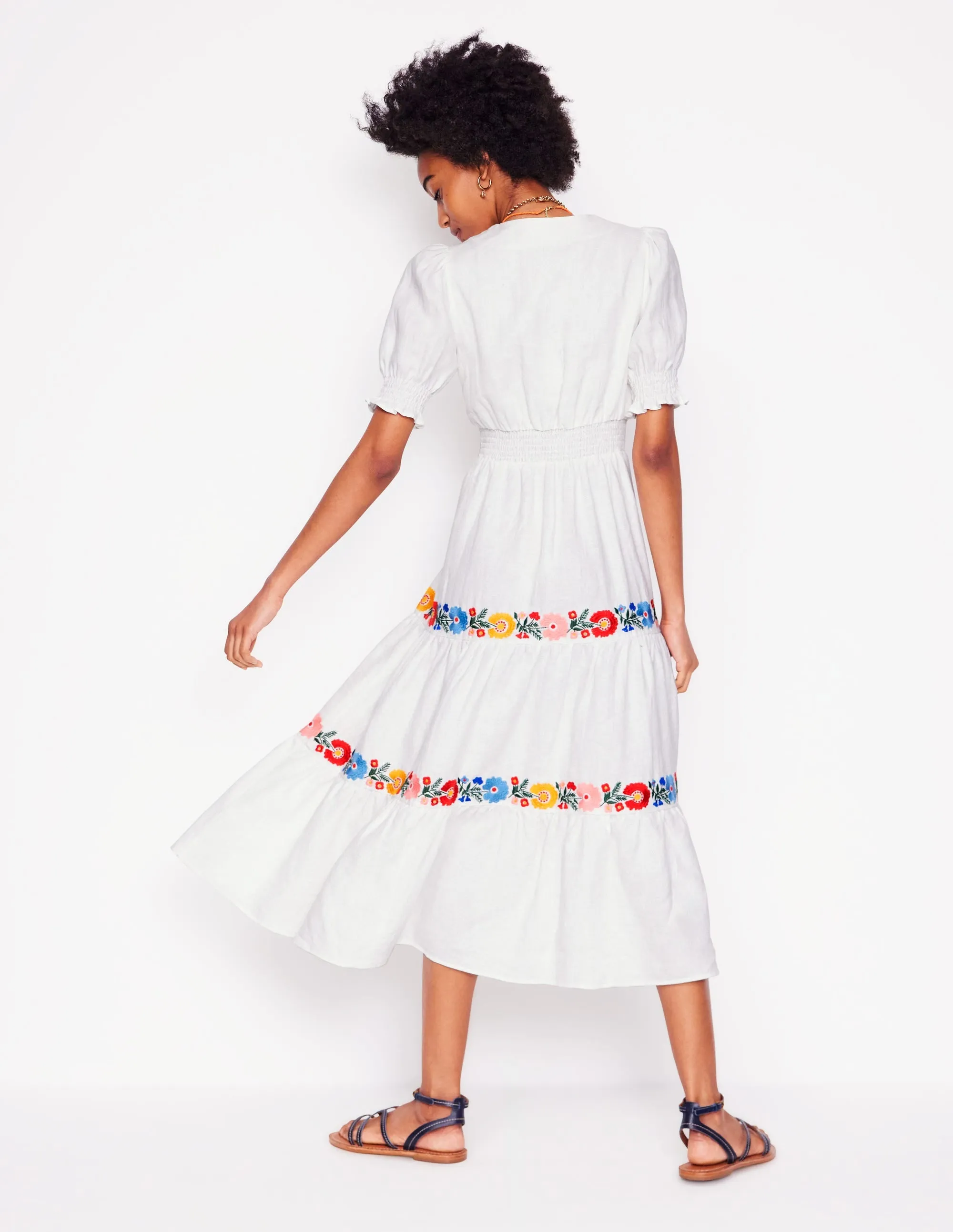 Anna Linen Tiered Midi Dress-White. Multi Embroidery