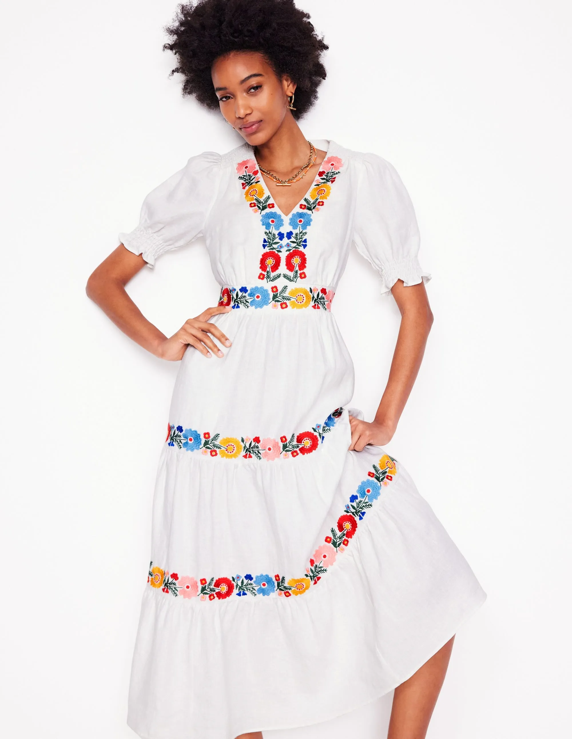 Anna Linen Tiered Midi Dress-White. Multi Embroidery