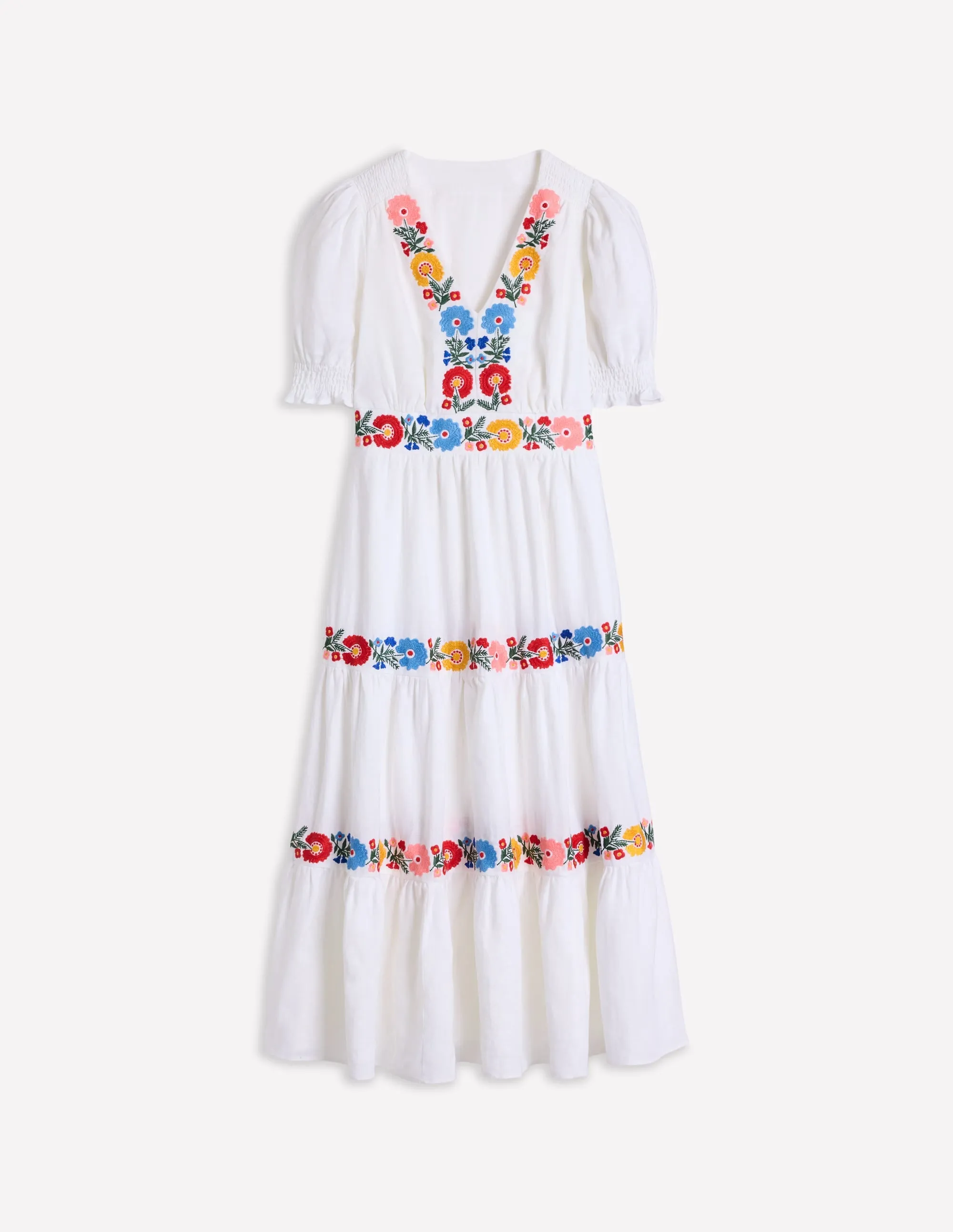 Anna Linen Tiered Midi Dress-White. Multi Embroidery