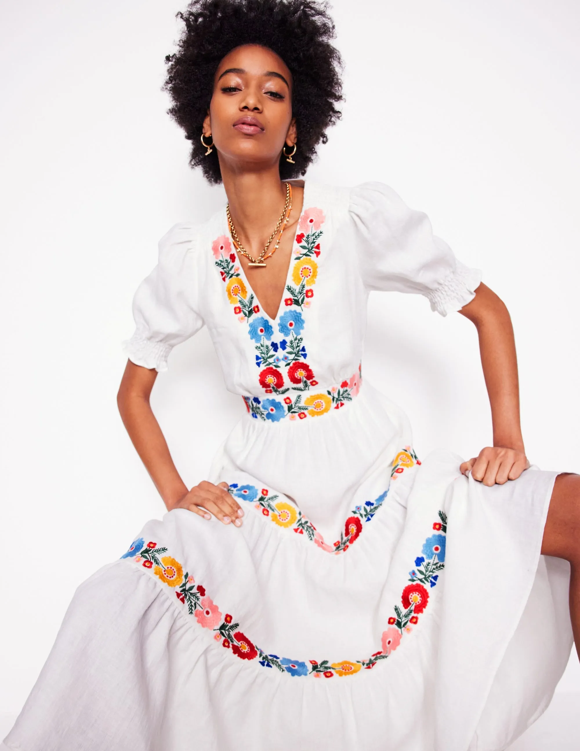 Anna Linen Tiered Midi Dress-White. Multi Embroidery