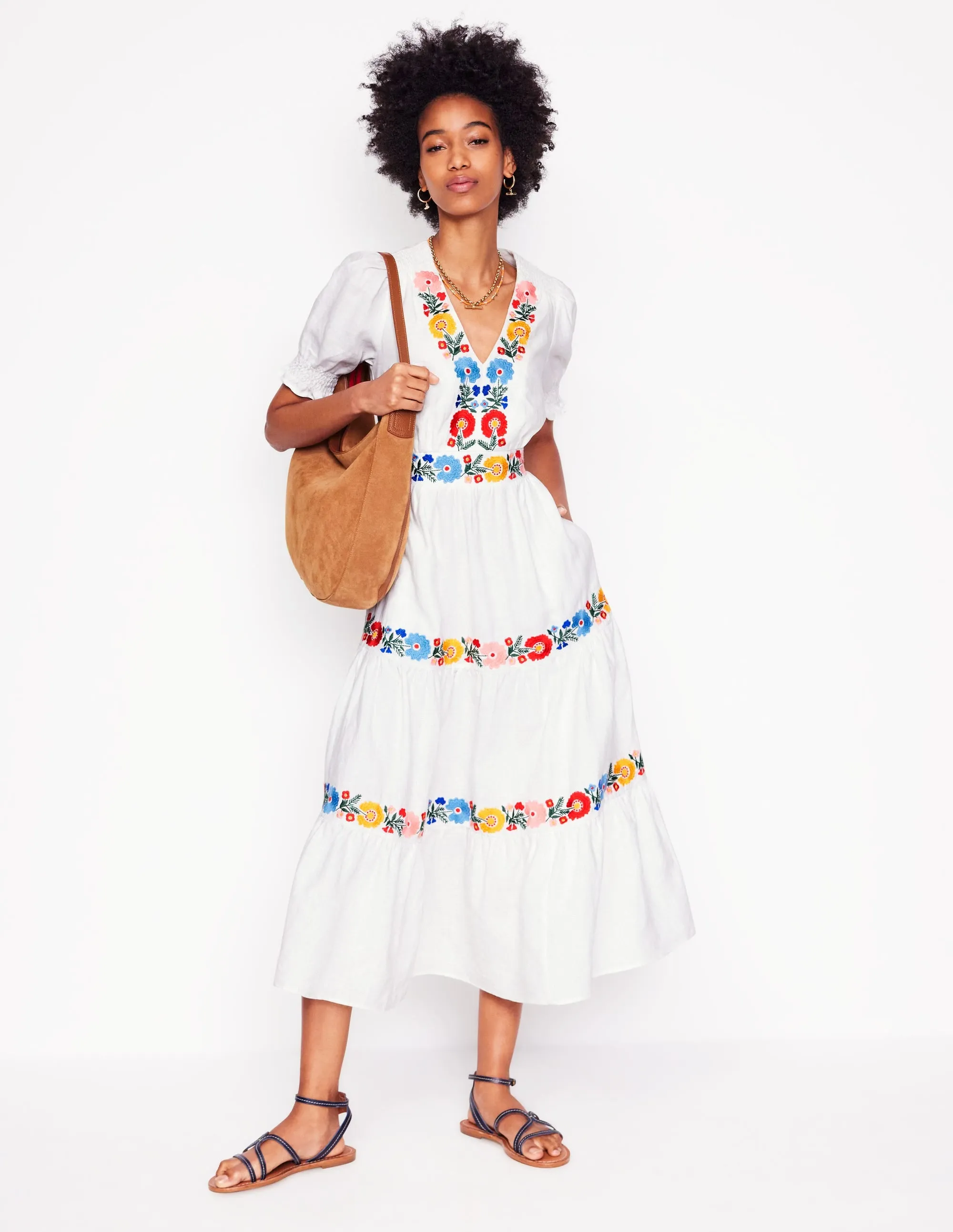 Anna Linen Tiered Midi Dress-White. Multi Embroidery