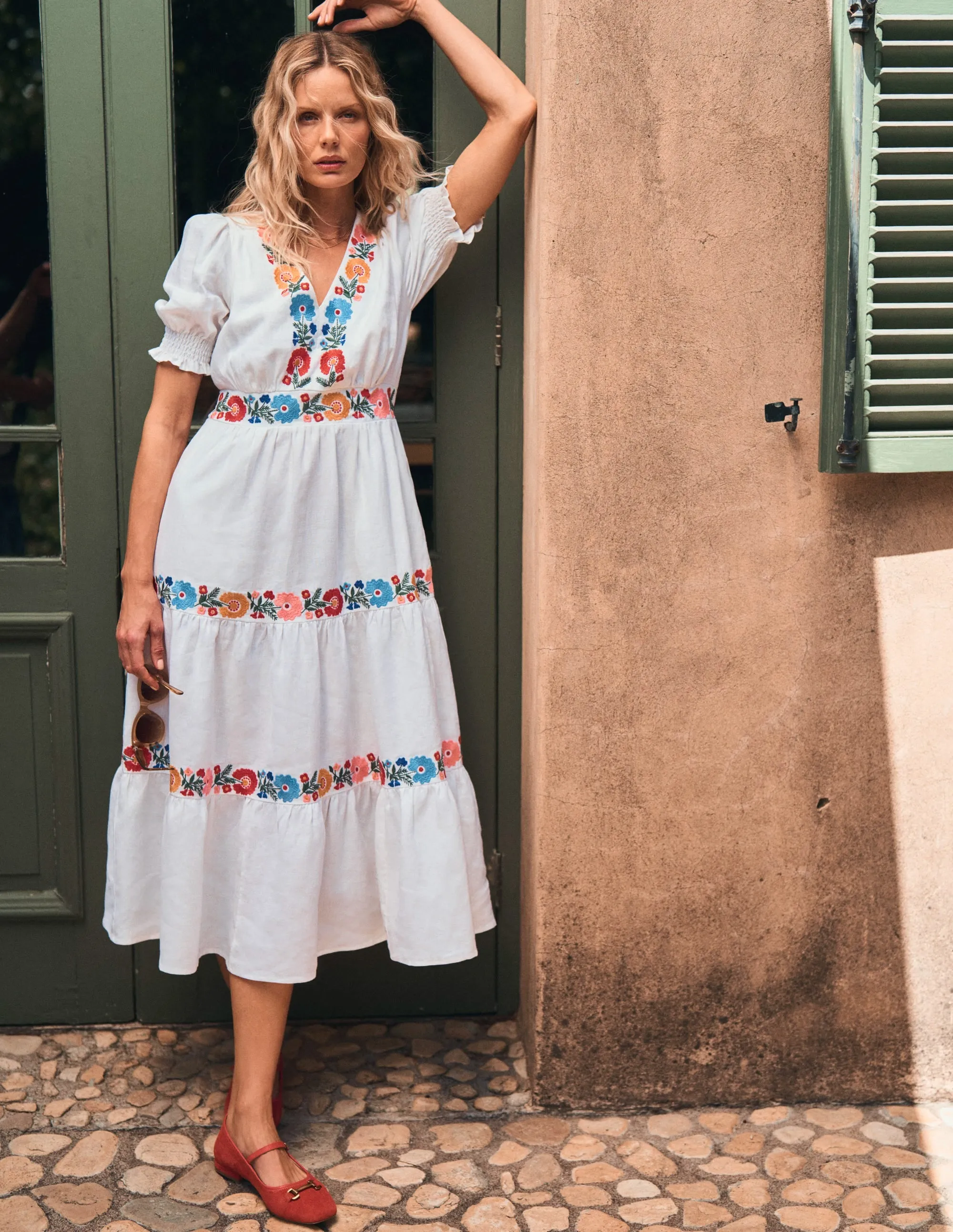 Anna Linen Tiered Midi Dress-White. Multi Embroidery