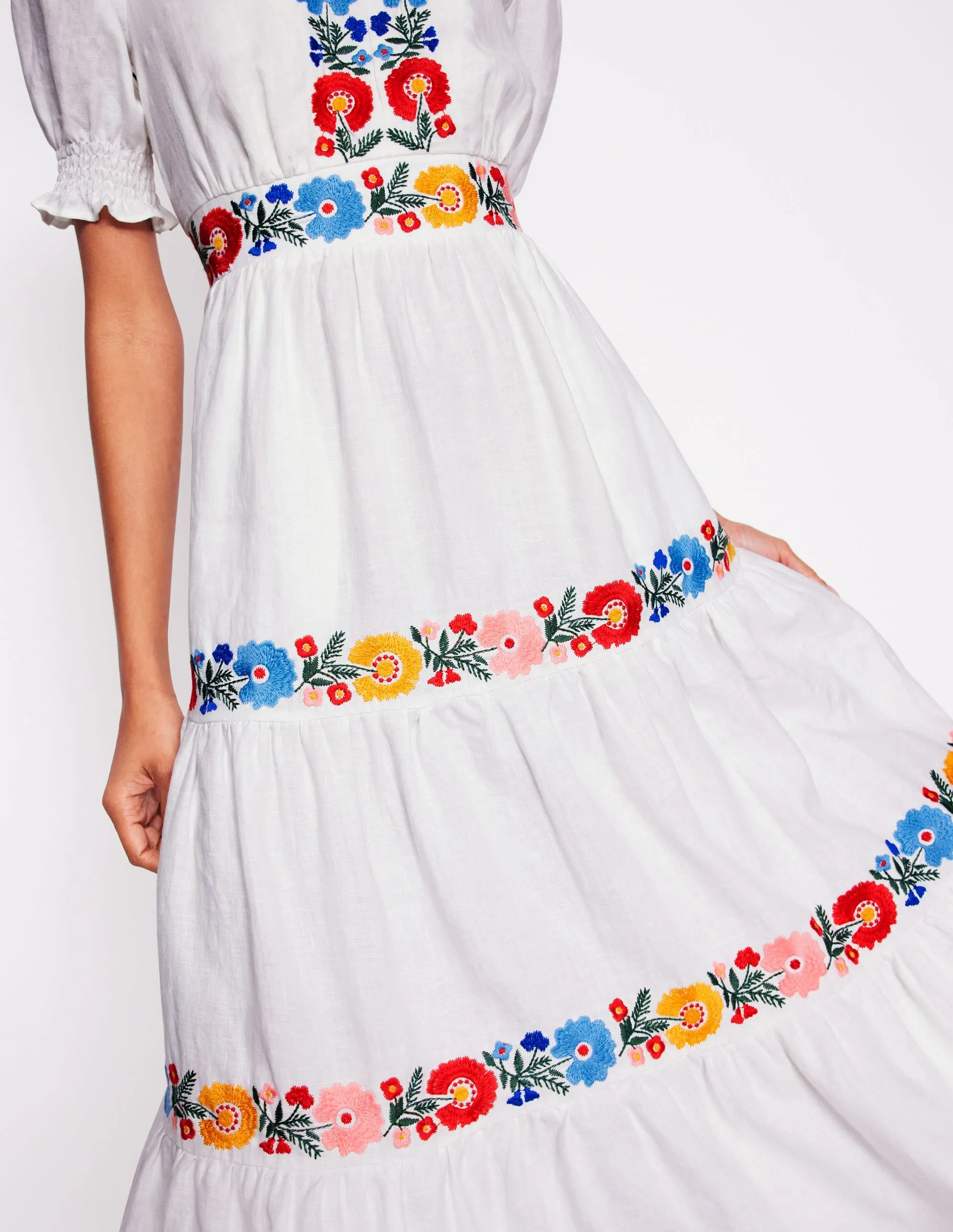 Anna Linen Tiered Midi Dress-White. Multi Embroidery