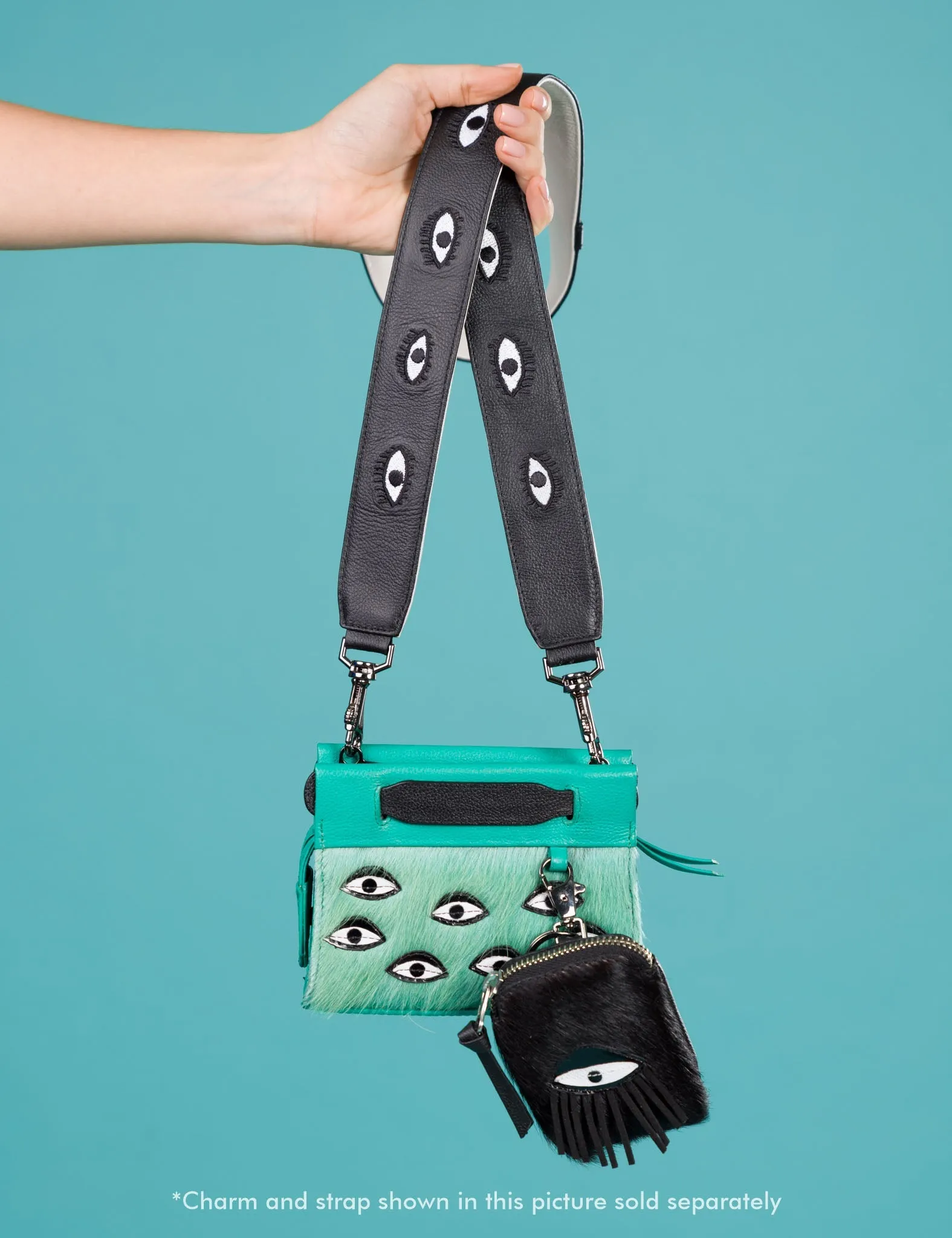 Detachable Black Leather Shoulder Strap - All Over Eyes Embroidery