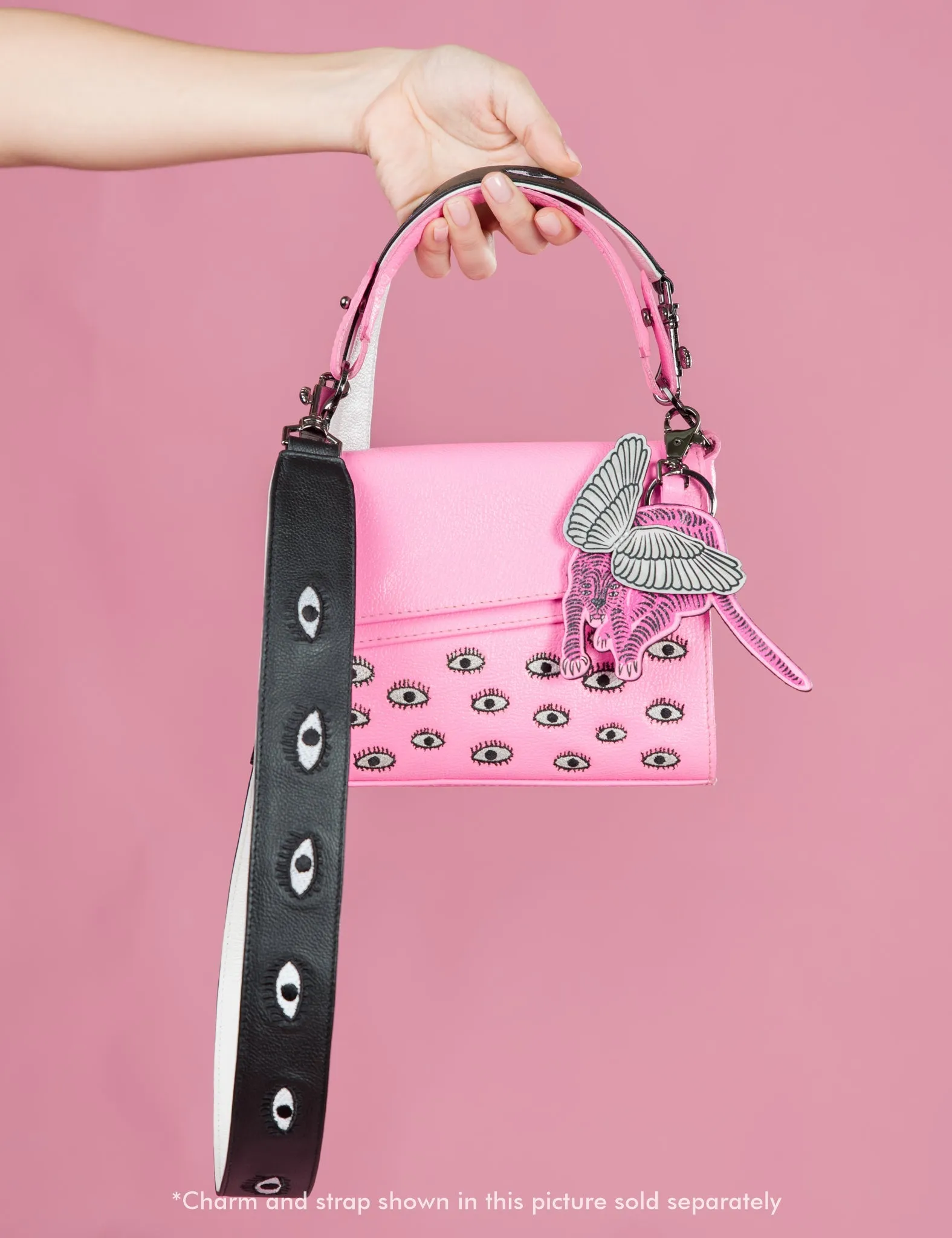 Detachable Black Leather Shoulder Strap - All Over Eyes Embroidery