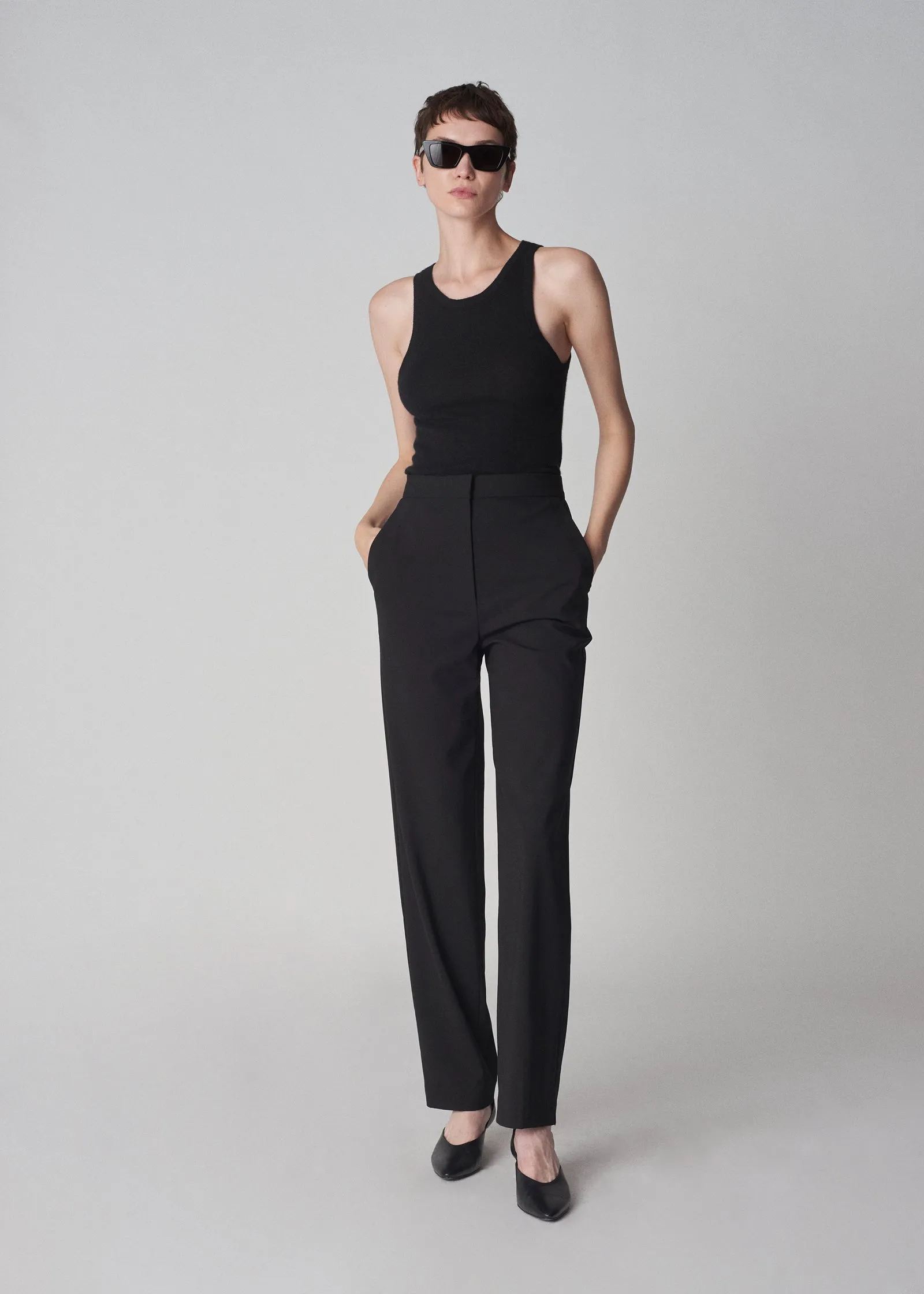 Flat Front Cigarette Trouser in Virgin Wool - Black