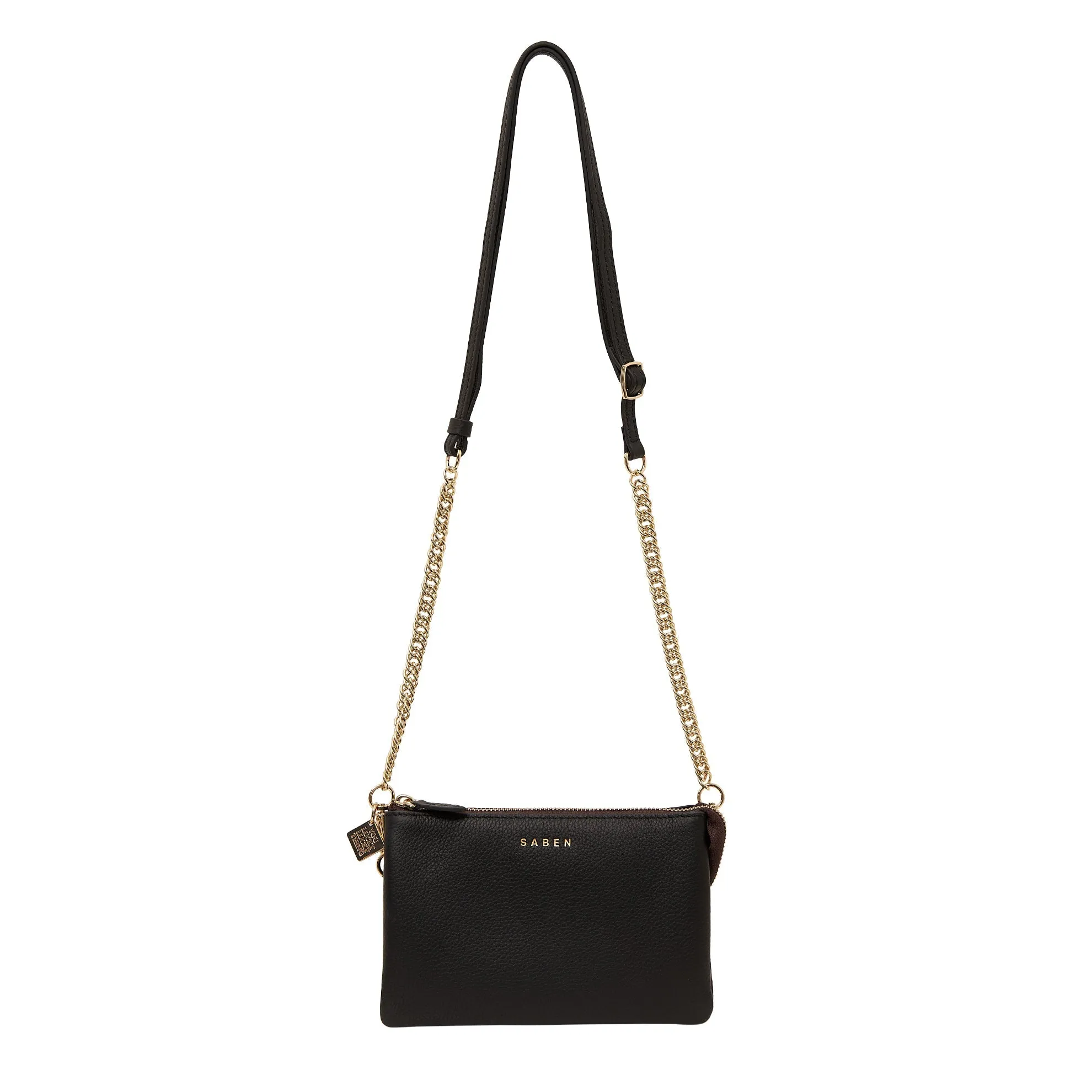 Saben Feature Strap Chain Gold Curb   Black Leather