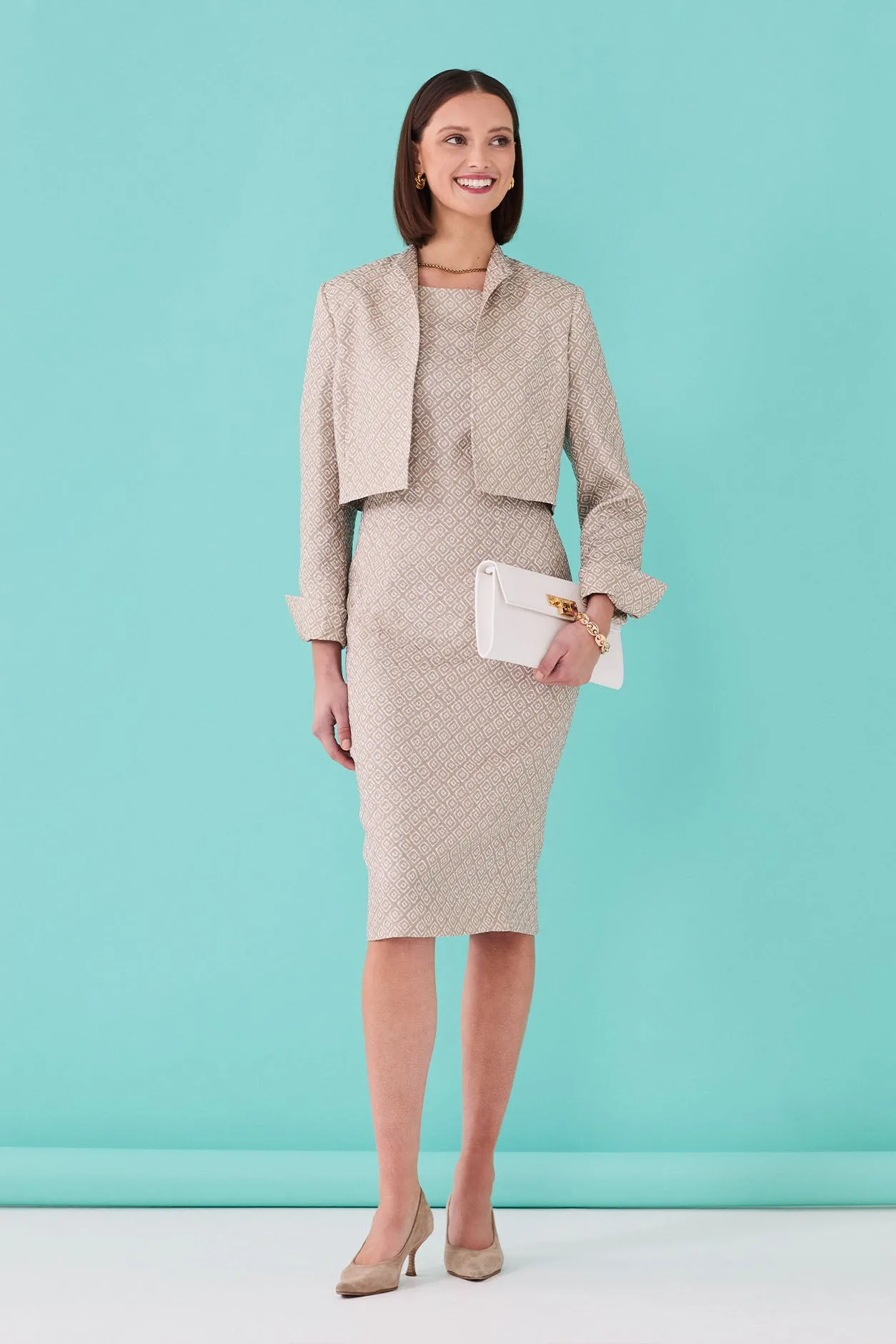 Silk/Wool Matelassé Short Jacket in Taupe/Ivory Diamond Print - Hermione