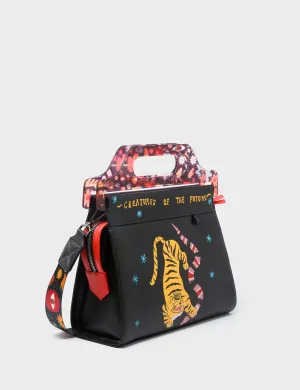 Vali Black Leather Crossbody Handbag Plastic Handle - Tiger And Snake Print
