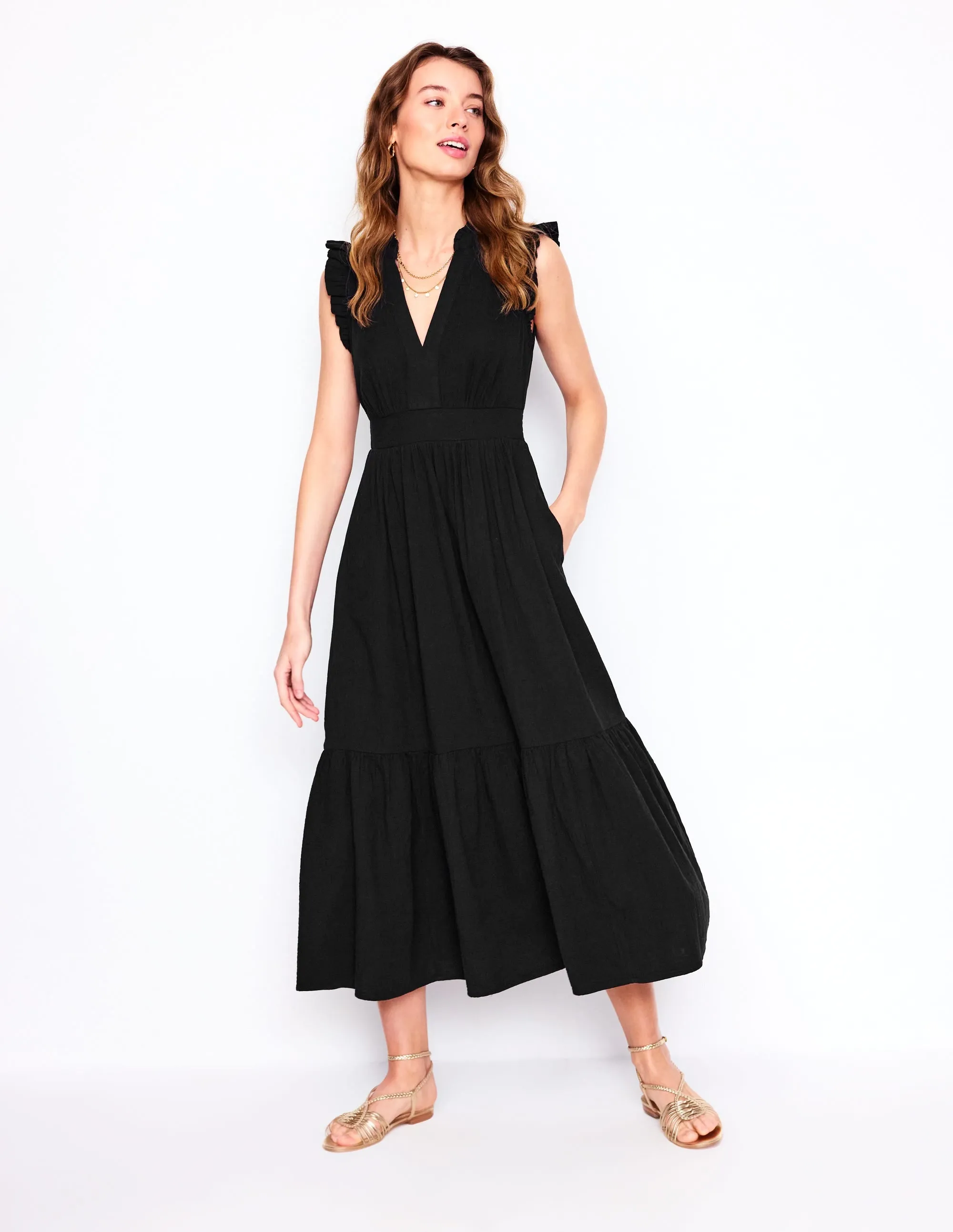 Wren Double Cloth Midi Dress-Black